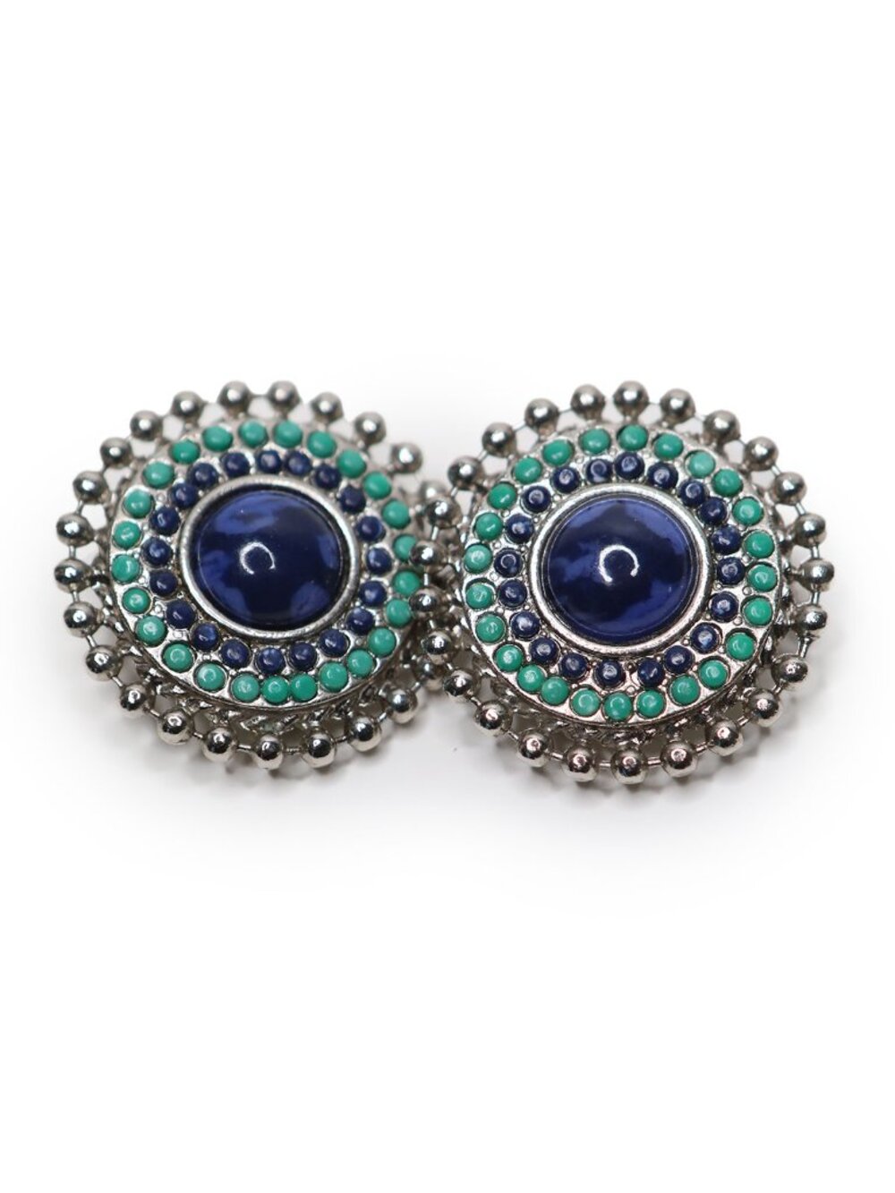 Vintage Boho Beaded Medallion Clip On Earrings Blue Green Enamel Statement Retro